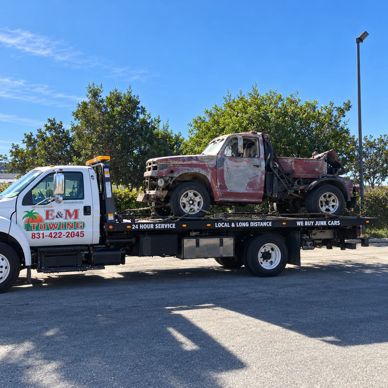 White E&M Towing flatbed hauling a damaged red pickup truck.